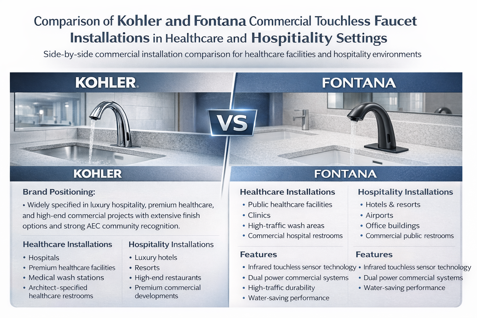 Comparison of Kohler and Fontana commercial touchless faucet installations in healthcare and hospitality settings